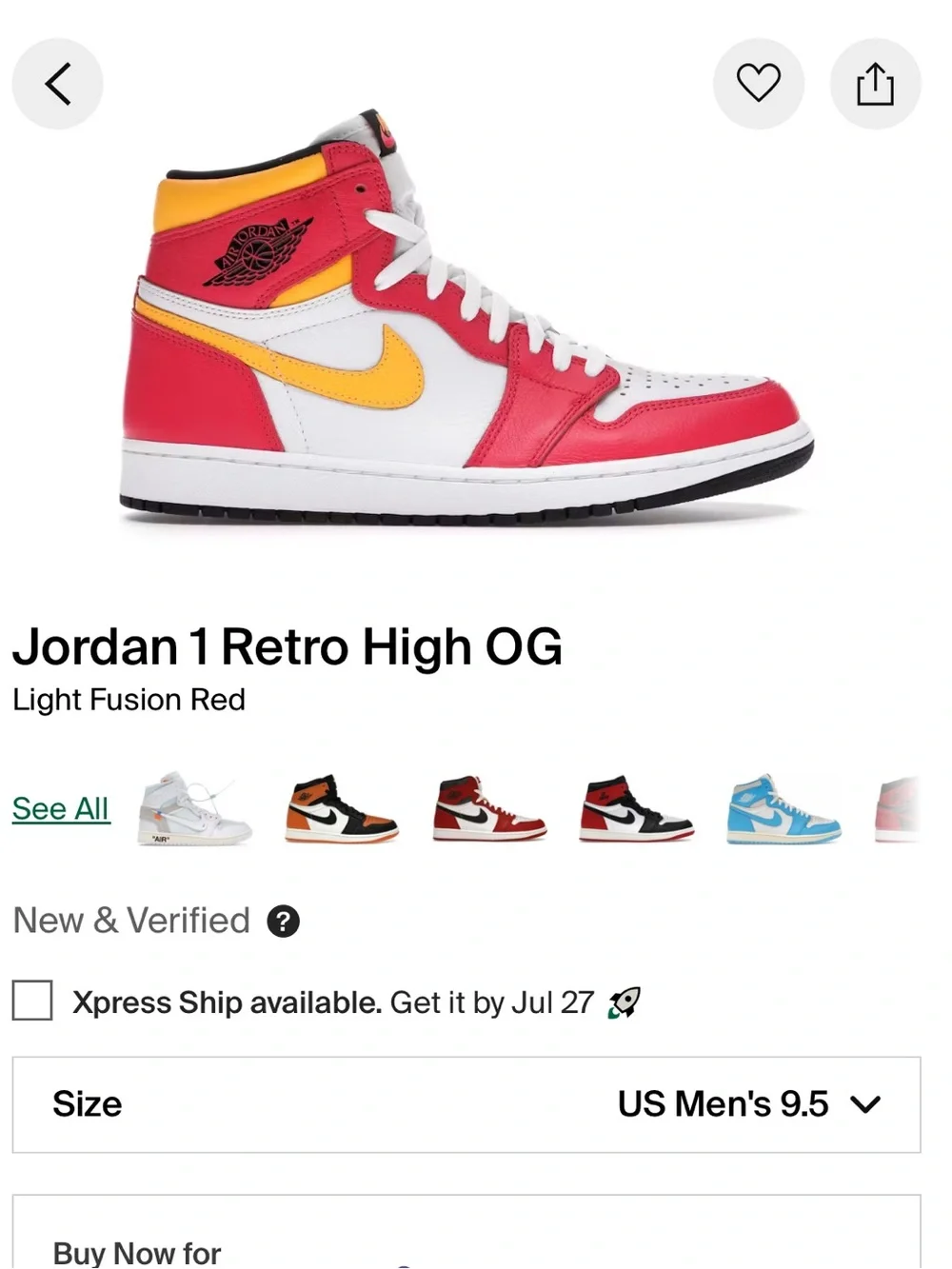 Jordan 1 Retro High OG “Light Fusion Red” Men’s Size 9.5